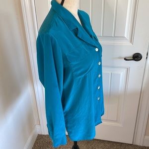 Mirage Silks 100% Silk Teal Button Up Long Sleeve Blouse Size 6-8